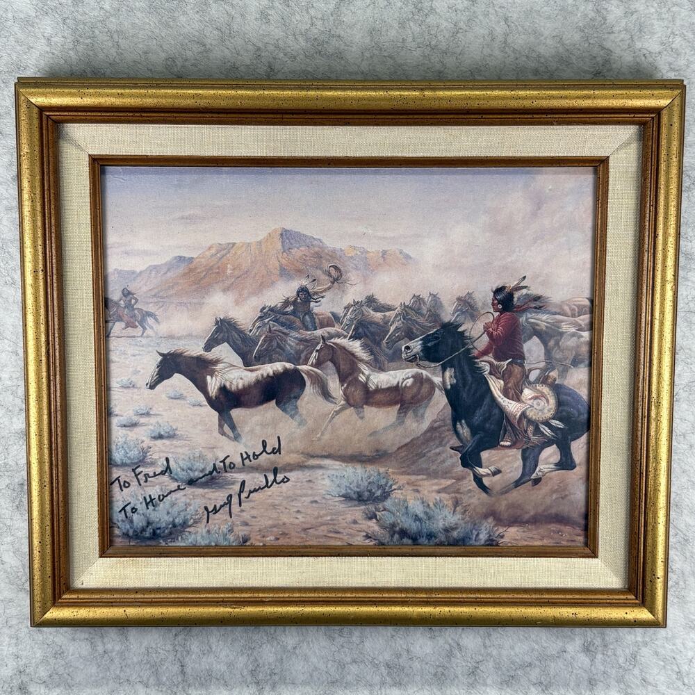 Vintage Gregory Perillo Signed Print Hoofbeats Framed Native American Horses